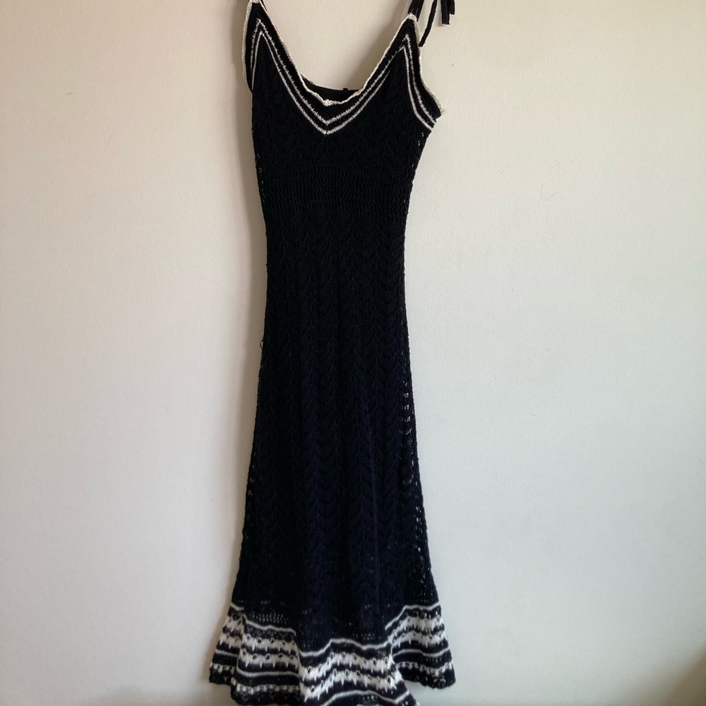 BCBG bohemian crochet midi dress, self tie straps, fully lined, form fitting